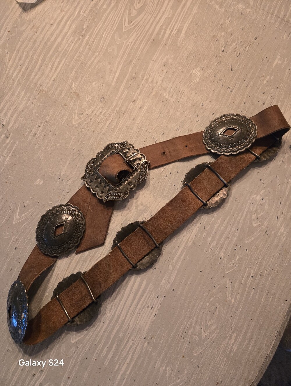 Western Concho Leather Belt in Brown with Pewter Adrienne Teeguarden 2001 Sz M - Picture 6 of 10